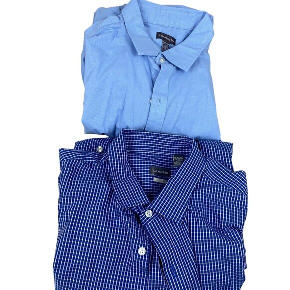 Van Heusen Mens Button-Up Shirts XL Blue Solid & Blue Check Pattern Classic Fit - Picture 1 of 16